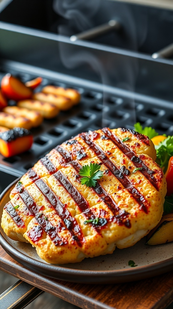 Grilled cauliflower steak on a plate, garnished with parsley, alongside colorful grilled vegetables.